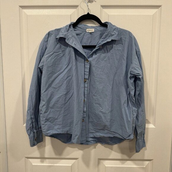 Donni. Blue Button Down Shirt Size Small S Blouse Top Short Cotton - Picture 1 of 7